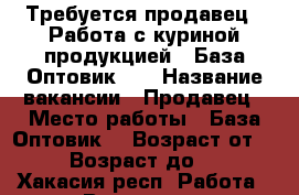 Требуется продавец.  Работа с куриной продукцией.  База Оптовик.   › Название вакансии ­ Продавец › Место работы ­ База Оптовик  › Возраст от ­ 30 › Возраст до ­ 60 - Хакасия респ. Работа » Вакансии   